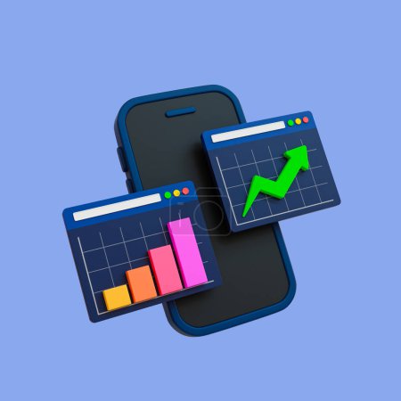Photo for 3d minimal data analysis icon. soaring finances. stock up. Strengthening currency. smartphone with bar graph and arrow up. 3d illustration. clipping path included. - Royalty Free Image