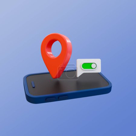 Téléchargez les photos : 3d marque minimale une position. localisation. activer le service de localisation. smartphone avec broche de localisation et icône à bascule. Illustration 3D. chemin de coupe inclus. - en image libre de droit