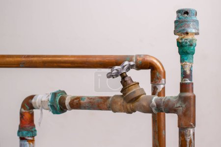 Photo for Copper water pipes and valve - Royalty Free Image