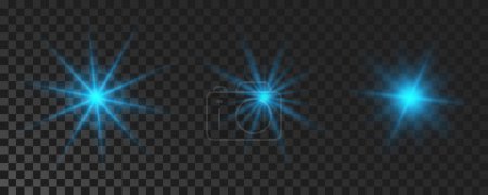 Ilustración de Set of sparkling stars. Blue glowing flickering and flashing lights on dark transparent background. Vector explosions with rays and flare effect - Imagen libre de derechos
