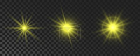 Ilustración de Set of sparkling stars. Yellow glowing flickering and flashing lights on dark transparent background. Vector explosions with rays and flare effect - Imagen libre de derechos