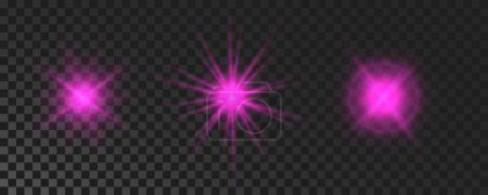 Set of sparkling stars. Purple glowing flickering and flashing lights on dark transparent background. Vector explosions with rays and flare effect