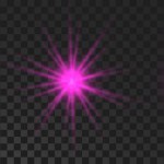 Set of sparkling stars. Purple glowing flickering and flashing lights on dark transparent background. Vector explosions with rays and flare effect