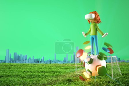 Photo for 3d boy cartoon character within football action and VR glasses metaverse. 3d illustration. ball object rendering. fitness exercise workout. copy space background. kick action. competition game - Royalty Free Image