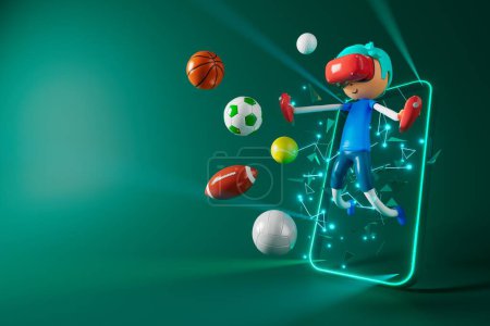 Foto de 3d boy cartoon character within football action and VR glasses metaverse. 3d illustration. ball object rendering. fitness exercise workout. copy space background. kick action. competition game - Imagen libre de derechos