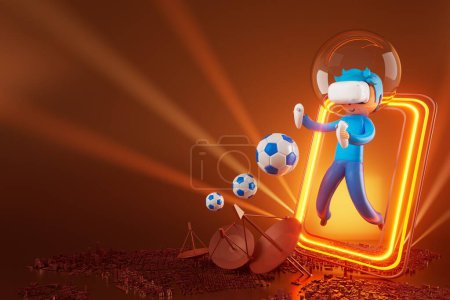 Téléchargez les photos : 3d boy cartoon character within football action and VR glasses metaverse. 3d illustration. ball object rendering. fitness exercise workout. copy space background. kick action. competition game - en image libre de droit