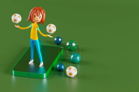Photo for Action cartoon 3d character. boy in sports action. 3d illustrator. colorful human design. happy face. sport object rendering. fitness activity. health concept. copy space background. soccer ball - Royalty Free Image