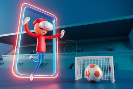 Photo for 3d boy cartoon character within football action and VR glasses metaverse. 3d illustration. ball object rendering. fitness exercise workout. copy space background. kick action. competition game - Royalty Free Image