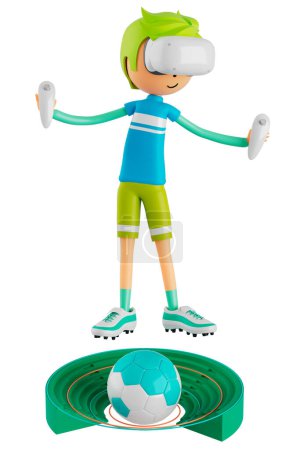 Foto de 3d boy cartoon character in action with clipping path. 3d illustrator. sport activity. exercise fitness. workout training lifestyle. man player. technology VR. gym outdoor. cyberspace object concept. - Imagen libre de derechos
