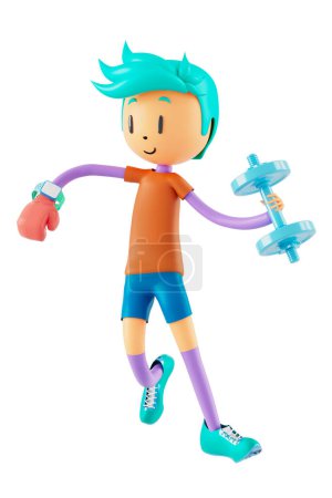 Téléchargez les photos : Person cartoon character boy and girl with sports objects. 3d illustration. fitness activity action. man in a sports game. healthy concept. 3d ball. exercise action.smartphone smartwatch design. - en image libre de droit