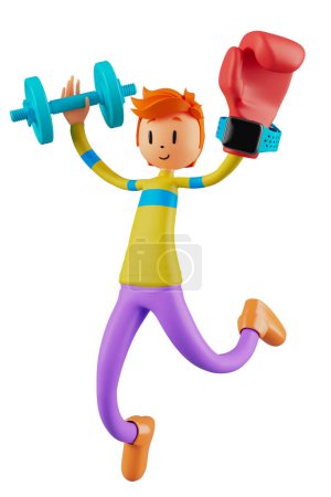 Foto de Person cartoon character boy and girl with sports objects. 3d illustration. fitness activity action. man in a sports game. healthy concept. 3d ball. exercise action.smartphone smartwatch design. - Imagen libre de derechos