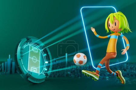 Photo for 3D boy character football player in soccer action. 3d illustration. sports background concept. men kick motion. sports action person. graphic wallpaper. cartoon game soccer. creative poster layout - Royalty Free Image