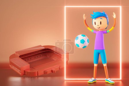 Photo for 3D boy character football player in soccer action. 3d illustration. sports background concept. men kick motion. sports action person. graphic wallpaper. cartoon game soccer. creative poster layout - Royalty Free Image