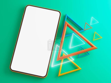 Photo for Smartphone with white copy space screen, illustration, technology digital concept, abstract object futuristic. business app shop template. mobile phone device ui. minimal graphic background. 3D render - Royalty Free Image