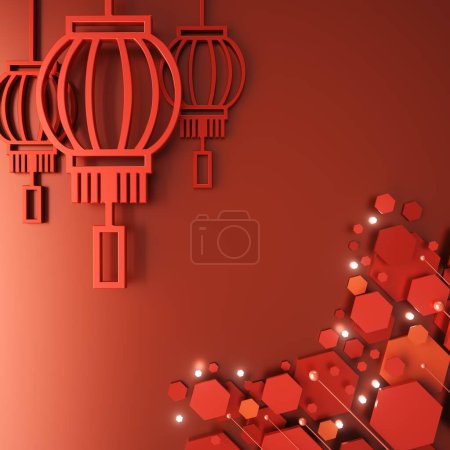 Foto de Fondo de Año Nuevo Chino. Ilustración 3D. Representación 3D. diseño de color rojo. imagen concepto tradicional. elemento gráfico de diseño de objeto. celebrar la forma de geometría. vacaciones de imagen digital festiva moderna - Imagen libre de derechos