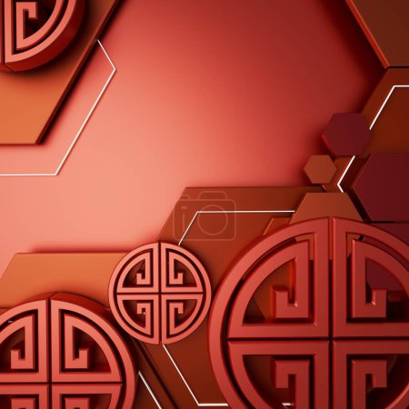 Photo for Chinese New Year background. 3D illustration. 3D rendering. red colour design. traditional concept image. object design graphic element. celebrate geometry shape. modern festive digital image holiday - Royalty Free Image