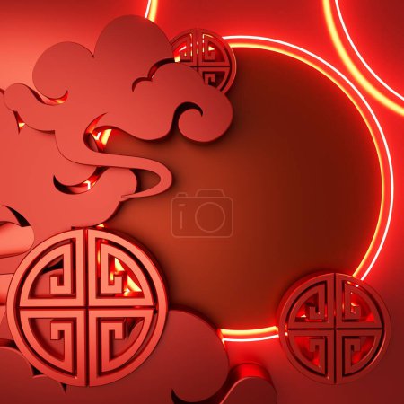 Photo for Chinese New Year background. 3D illustration. 3D rendering. red colour design. traditional concept image. object design graphic element. celebrate geometry shape. modern festive digital image holiday - Royalty Free Image