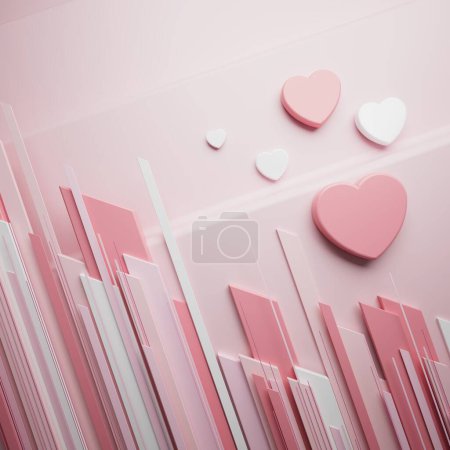 Foto de Corazón diseño de objetos 3D. Escena de San Valentín geométrica. Ilustración 3D. amor gráfico romántico. forma de representación realista. decoración abstracta de fondo. espacio de copia. color pastel rosado. concepto de felicidad - Imagen libre de derechos