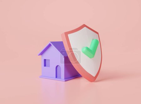 Heimatschutz mit Schild und Häkchen auf rosa Hintergrund. Smarthome Sicherheit, Hausversicherung, Versicherung für Immobilien, Schutz von Privateigentum, Sicherheitskonzept für das Haus. 3D-Darstellung