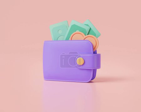 Photo for Wallet, coins, banknote and credit card on pink background.online payment, bank, finance investment, money wallet, digital wallet, cashback. saving money concept. 3d rendering illustration - Royalty Free Image
