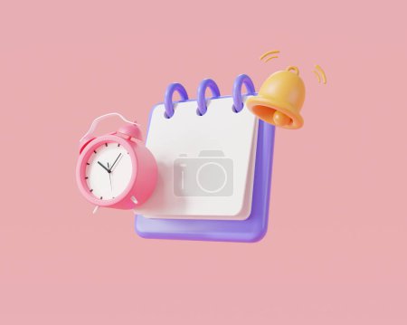 Foto de 3d Ilustración de representación del icono de la libreta de notas con notificación de campana y alarma de reloj aislado en el fondo rosa, recordatorio en el calendario, notificación de recordatorio, nota adhesiva. Concepto de notificación de recordatorio - Imagen libre de derechos