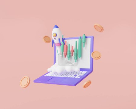 Rocket rising moving up spewing smoke with Stock market graph chart on laptop. Spaceship rocket, growth statistics trading, Bitcoin spaceship. Business startup concept. 3d minimal render illustration