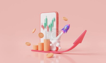 Stock and forex trading with rocket rising moving up on mobile. Spaceship rocket, Cryptocurrency trading, Growing financial index, growth statistics trading, Business startup. 3d render illustration