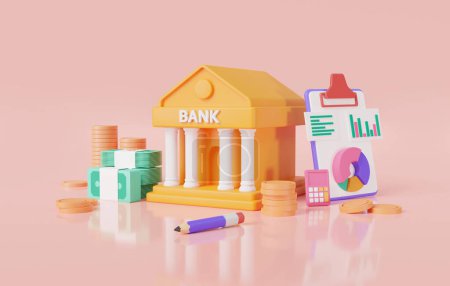 Money transaction concept. Bank icon with money stack,calculator and financial statistics document. Online banking,money saving,bank finance,financial business,public finance. 3d render illustration