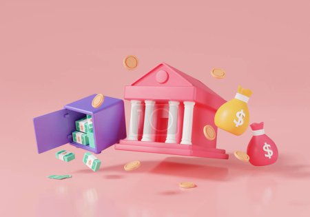 3d minimal render illustration of bank with safe box, coin, banknote and bagmoney floating on pink background. Online banking, money saving, financial business, bank transaction. Money transaction