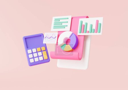 Business financial chart graph with calculator. Financial development, Financial analysis, statistics, Financial reports statement, budget management. Accounting concept. 3d icon render illustration