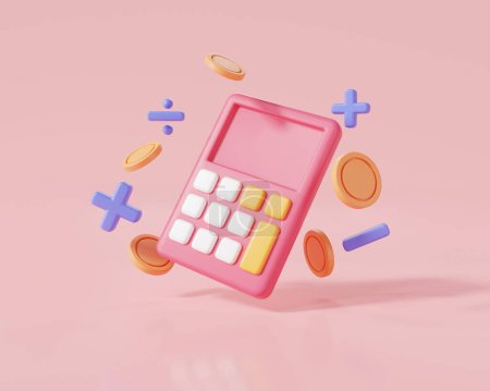 Pink calculator with plus, minus, multiplication, number divide. Math device calculate, calculator for accounting, Math Tool, finance education. Financial management concept. 3d render illustration