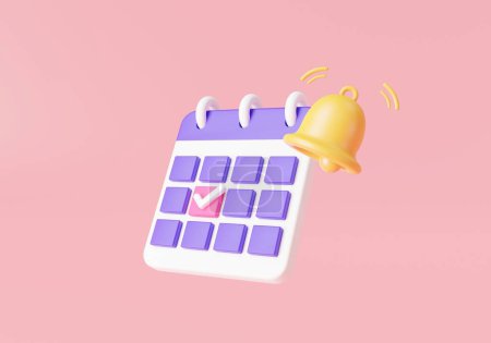 Photo for 3d render illustration calendar icon with bell notification. reminder in calendar, Meeting reminder planner, business planning, calendar assignment icon. holiday, event, date, note, Planning concept - Royalty Free Image