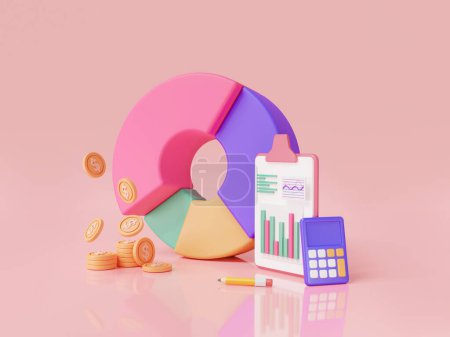 Donut chart, Financial graph on clipboard, Calculator and stack coins. Financial graph economics analytics, financial report. Accounting, growth business. growth financial data concept. 3d render