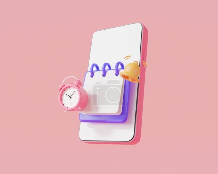 Notizbuch-Symbol mit Klingelbenachrichtigung und Wecker via Handy auf rosa Hintergrund, Erinnerungskalender, Online-Erinnerungsbenachrichtigung, Online-Erinnerungsbenachrichtigungskonzept. 3D-Darstellung