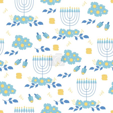 Hanukkah seamless pattern with menorahs, dreidel and flowers. Perfect for wrapping paper, greeting cards, wallpaper. Jewish holidays.