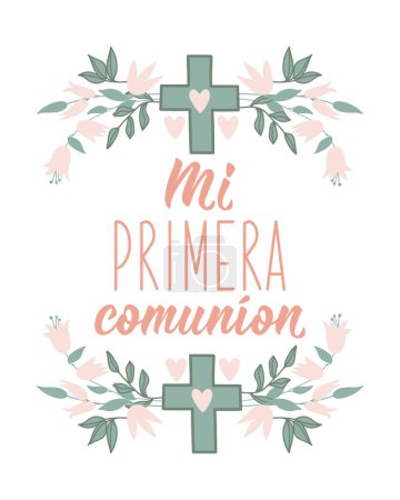 Illustration for My first communion - in Spanish. Lettering. Ink illustration. Modern brush calligraphy. - Royalty Free Image