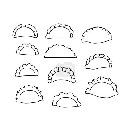 Dumplings (pierogi, varenyky, pelmeni, ravioli) set. Doodle vector illustration. Isolated on a white background.