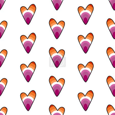 Nahtloses Muster mit farbigen Herzen der Lesbian Pride Flagge. Druck für Textilien, Tapeten, Einbände, Oberfläche. Abstraktes geometrisches Nahtmuster. Für Modestoffe. LGBTQ-Symbol