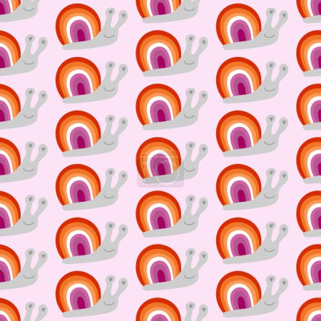 Illustration for Seamless decorative pattern with snails with a shell of colors of the Lesbian Flag. Print for textile, wallpaper, covers, surface. For fashion fabric. Retro stylization. lgbtqa symbols - Royalty Free Image