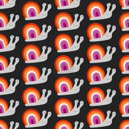 Illustration for Seamless decorative pattern with snails with a shell of colors of the Lesbian Flag.Print for textile, wallpaper, covers, surface. For fashion fabric. Retro stylization. lgbtqa symbols - Royalty Free Image
