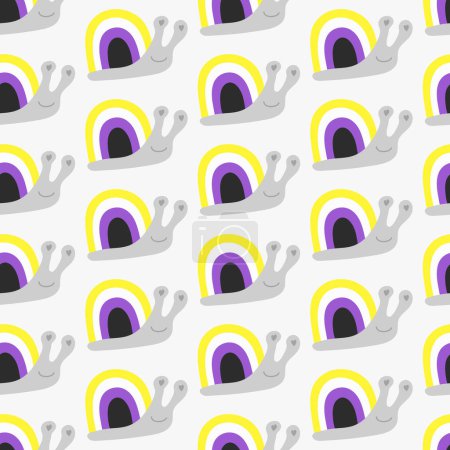 Seamless decorative pattern with snails with a shell of colors of the Nonbinary Flag. Print for textile, wallpaper, covers, surface. For fashion fabric. Retro stylization. lgbtqa symbols