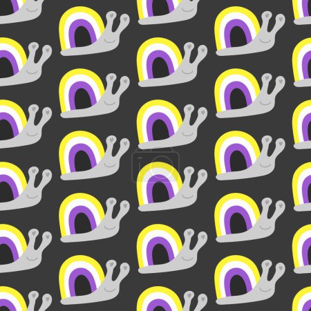 Seamless decorative pattern with snails with a shell of colors of the Nonbinary Flag. Print for textile, wallpaper, covers, surface. For fashion fabric. Retro stylization. lgbtqa symbols