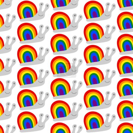 Illustration for Seamless decorative pattern with snails with a shell of 6 Color Pride Flag. Print for textile, wallpaper, covers, surface. For fashion fabric. Retro stylization. lgbtqa symbols - Royalty Free Image