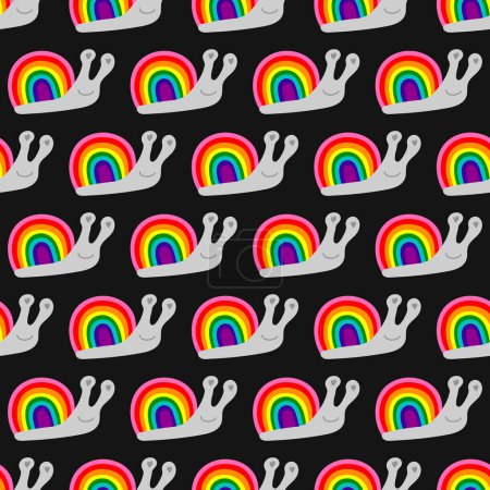 Seamless decorative pattern with snails with a shell of Gilbert Baker Pride Flag. Print for textile, wallpaper, covers, surface. For fashion fabric. Retro stylization. lgbtqa symbols