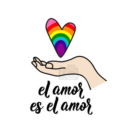 El amor es el amor. Lettres espagnoles. Traduction de l'espagnol - L'amour est amour. Élément pour flyers, banderoles et affiches. Calligraphie moderne. Des symboles LGBTQ. Drapeau de fierté Gilbert Baker.