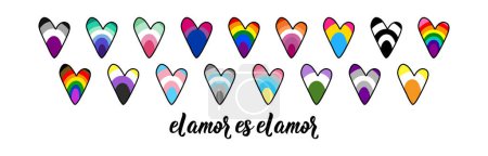 Illustration for El amor es el amor. Spanish lettering. Translation from Spanish - Love is love. Modern calligraphy. LGBTQ symbols. Pride Flags banner. - Royalty Free Image