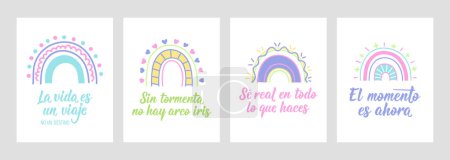 Set of motivational phrases in Spanish. The moment is now, Be real in everything you do, Without storm there is no rainbow, Life is a journey not a destination - in Spanish. Ink illustration.
