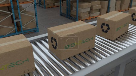 Photo for Istanbul,Turkey - 01.01.2023:Cardboard boxes with Biontech Logo on conveyor belt line isolated on warehouse background.3D Animation - Royalty Free Image