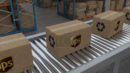 Téléchargez les photos : Istanbul,Turkey - 01.01.2023:Cardboard boxes with Ups Logo on conveyor belt line isolated on warehouse background.3D Animation - en image libre de droit