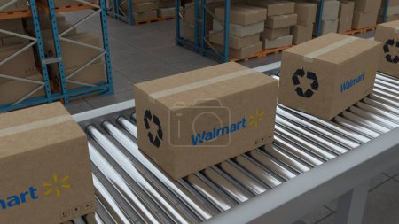 Téléchargez les photos : Istanbul,Turkey - 01.01.2023:Cardboard boxes with Walmart Logo on conveyor belt line isolated on warehouse background.3D Animation - en image libre de droit